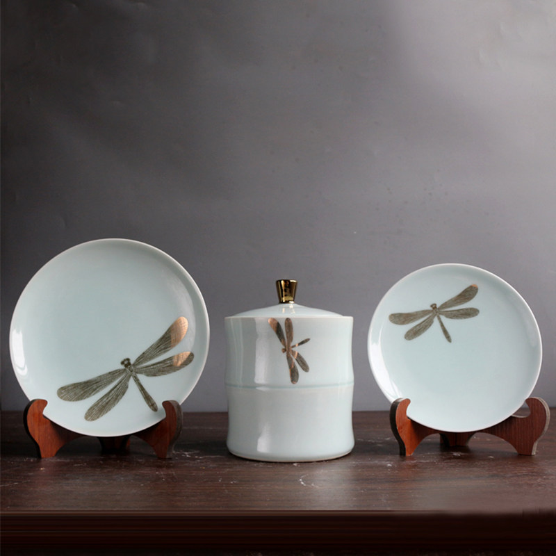 现代中式装饰坐盘创意陶瓷罐摆件样板房间客厅玄关描金蜻蜓装饰品,家居饰品,装饰摆件,淘宝优惠券,粉丝福利购,淘宝优惠卷