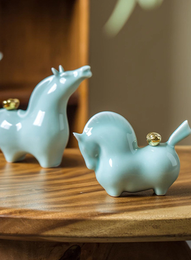 陶瓷马摆件景德镇手工影青瓷工艺品家居客厅办公室装饰品马上元宝