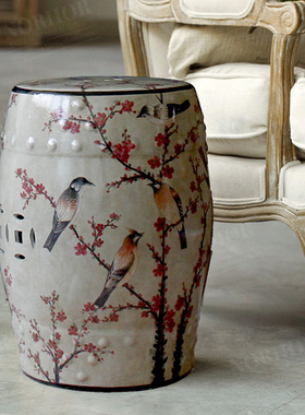 手工梅花中式田园陶瓷凳鼓凳梳妆换鞋凳子鼓墩 美式复古手绘边几