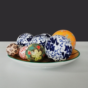 新中式欧美青花粉彩水中漂浮陶瓷球景德镇陶瓷家居饰品摆件摆设