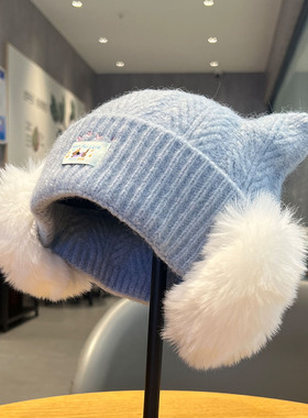 秋冬女款可爱猫耳加厚保暖针织帽
