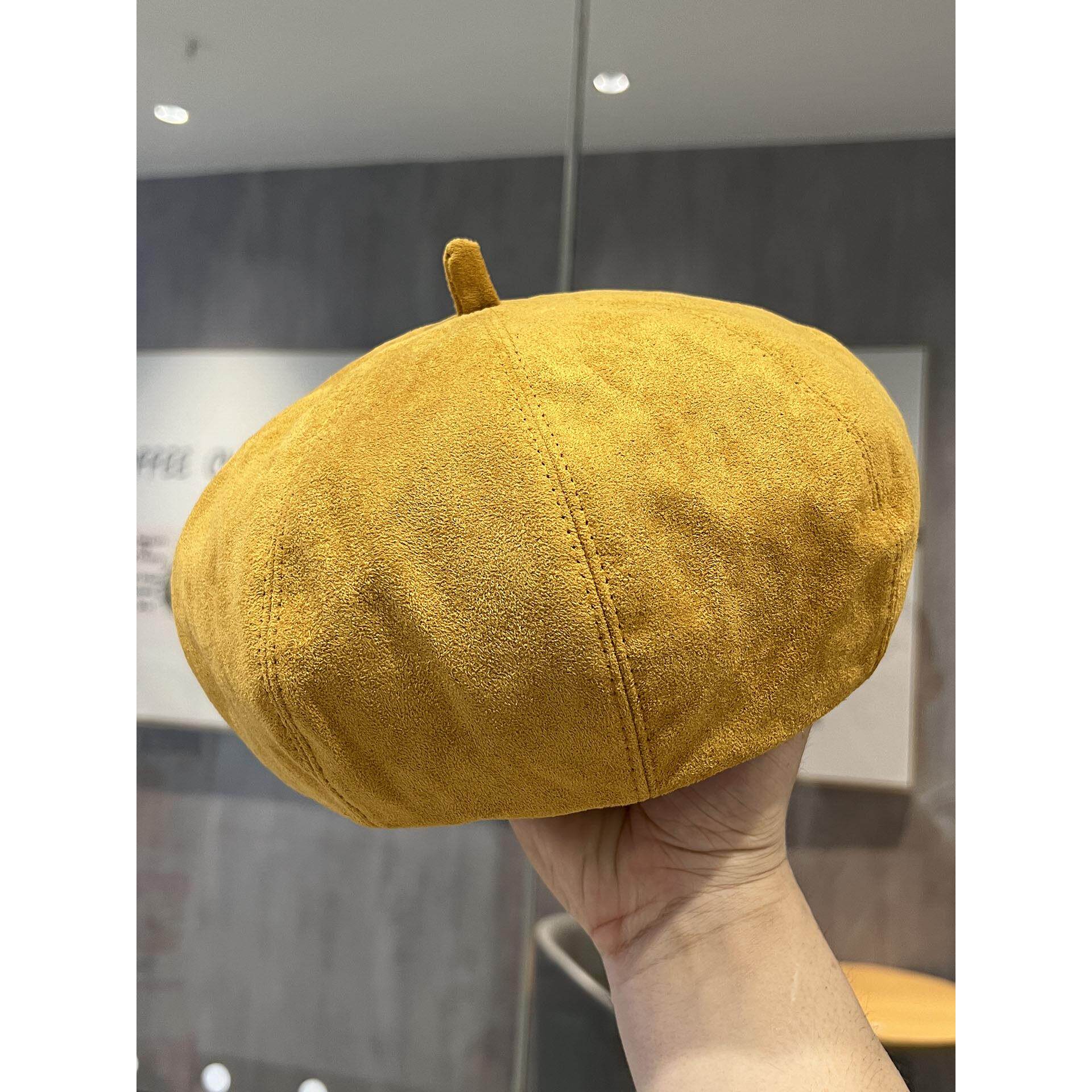日系高品质黄色麂皮绒贝雷帽文艺女生简约优雅画家帽百搭南瓜帽潮
