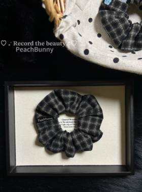 PeachBunny黑蓝格纹大肠发圈复古学院风纽扣发绳小众设计感头绳