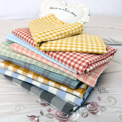 全棉色织水洗棉布料格子被套裸睡被罩床单枕套简约风四件套可定制