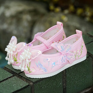 汉服鞋女童老北京手工布鞋子中国风表演鞋古装古风儿童绣花表演鞋