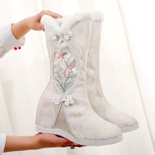 冬季搭配古风汉服棉鞋子女绣花内增高明制古装加绒长筒靴子中国风