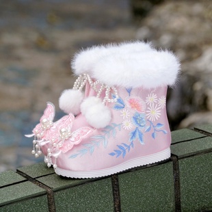 古风汉服鞋女童冬季棉靴子绣花搭配民族风唐装古装加绒厚儿童短靴