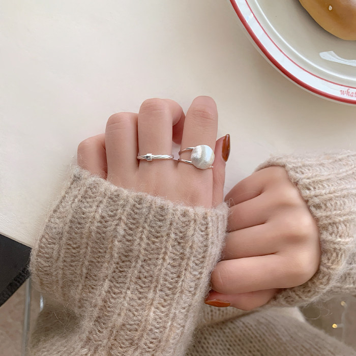 韩版S925纯银麻花条纹戒指女金色条纹几何指环时尚百搭开口食指戒