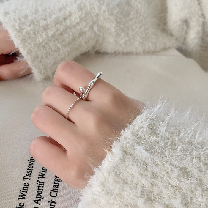 韩版S925纯银细条戒指女个性黄金色光面不规则波浪指环关节戒尾戒