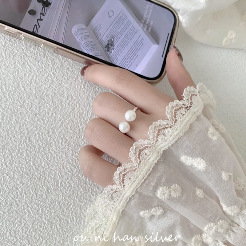 韩版S925纯银淡水珍珠几何戒指女小香风小众设计轻奢时尚气质食指