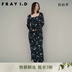 FRAY I.D秋冬优雅方领印花收腰开叉连衣裙FWFO235020