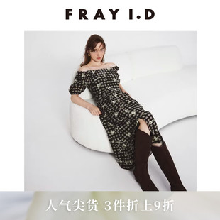 优雅时尚 方领印花露肩开叉连衣裙FWFO254144 I.D2025秋冬新品 FRAY