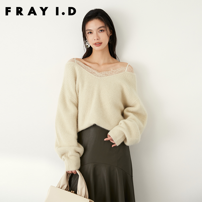 FRAY I.D2023秋冬新品时优雅蕾丝边羊毛镂空针织衫毛衣FWNT234044