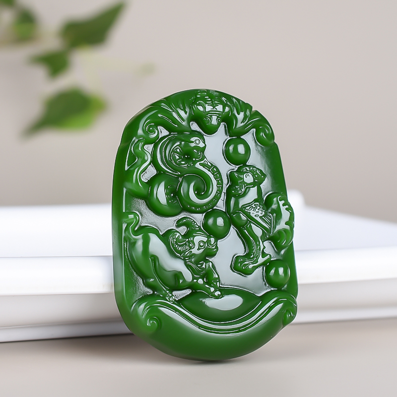玉翡缘玉器青山玉业和田碧玉十二生肖属蛇鸡牛三合贵人吊坠招财转