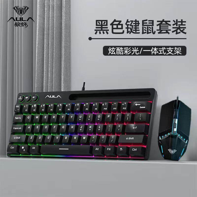 狼蛛F3061迷你轻音有线键盘白色RGB炫酷彩光办公游戏电脑键盘鼠标