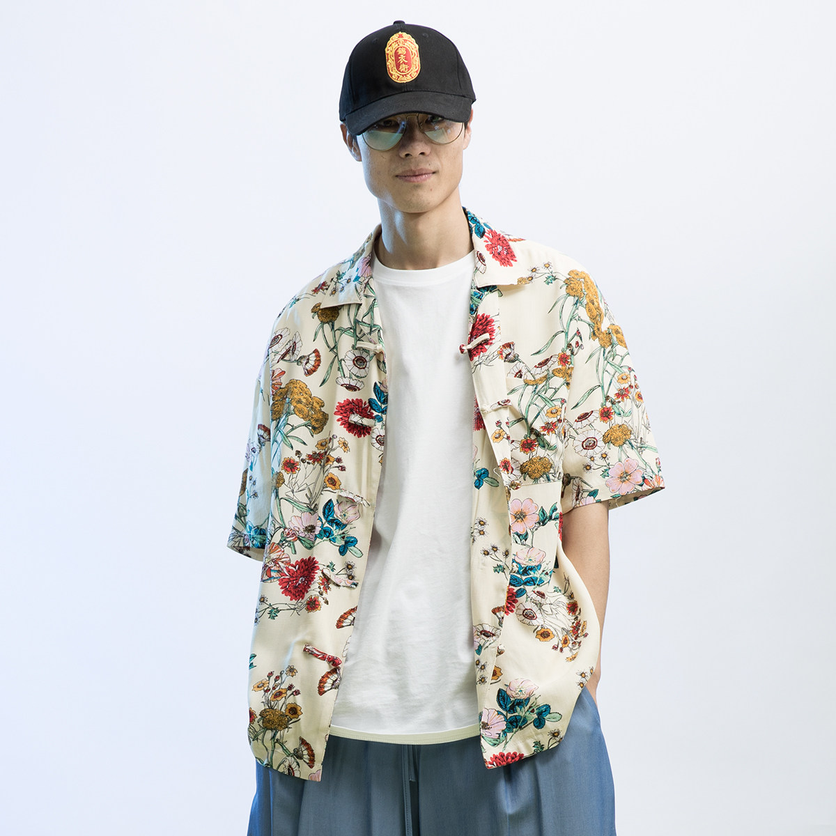 80年代复古怀旧碎花衬衫民族中式印花五分袖衬衣中国风情侣短袖潮