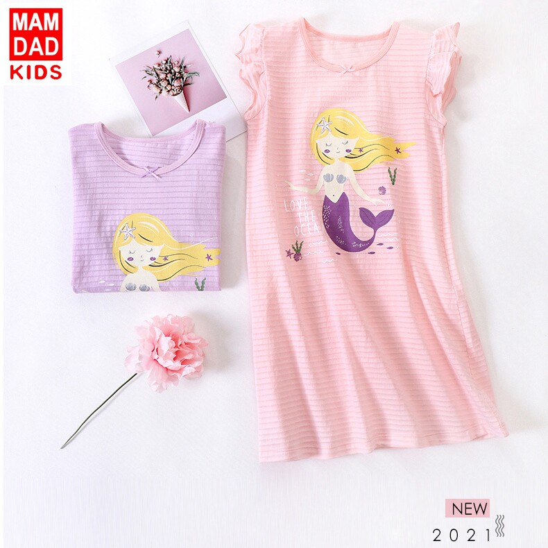 女童短袖睡裙儿童竹节棉薄款夏天小女孩睡衣少女连衣裙宝宝家居服