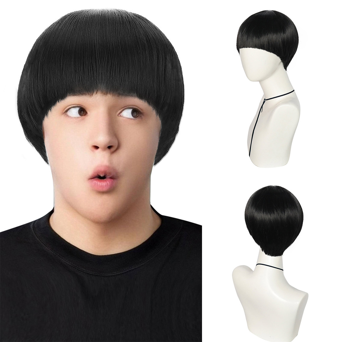 黑色蘑菇头短发cos假发