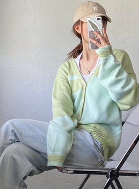 DENKO 蓝绿色清新感宽松针织开衫女秋冬毛衣外套长袖上衣温柔甜美