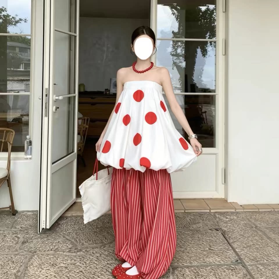 MONARTW 大波点时尚设计感两穿式抹胸裙条纹阔腿裤套装女夏季新款