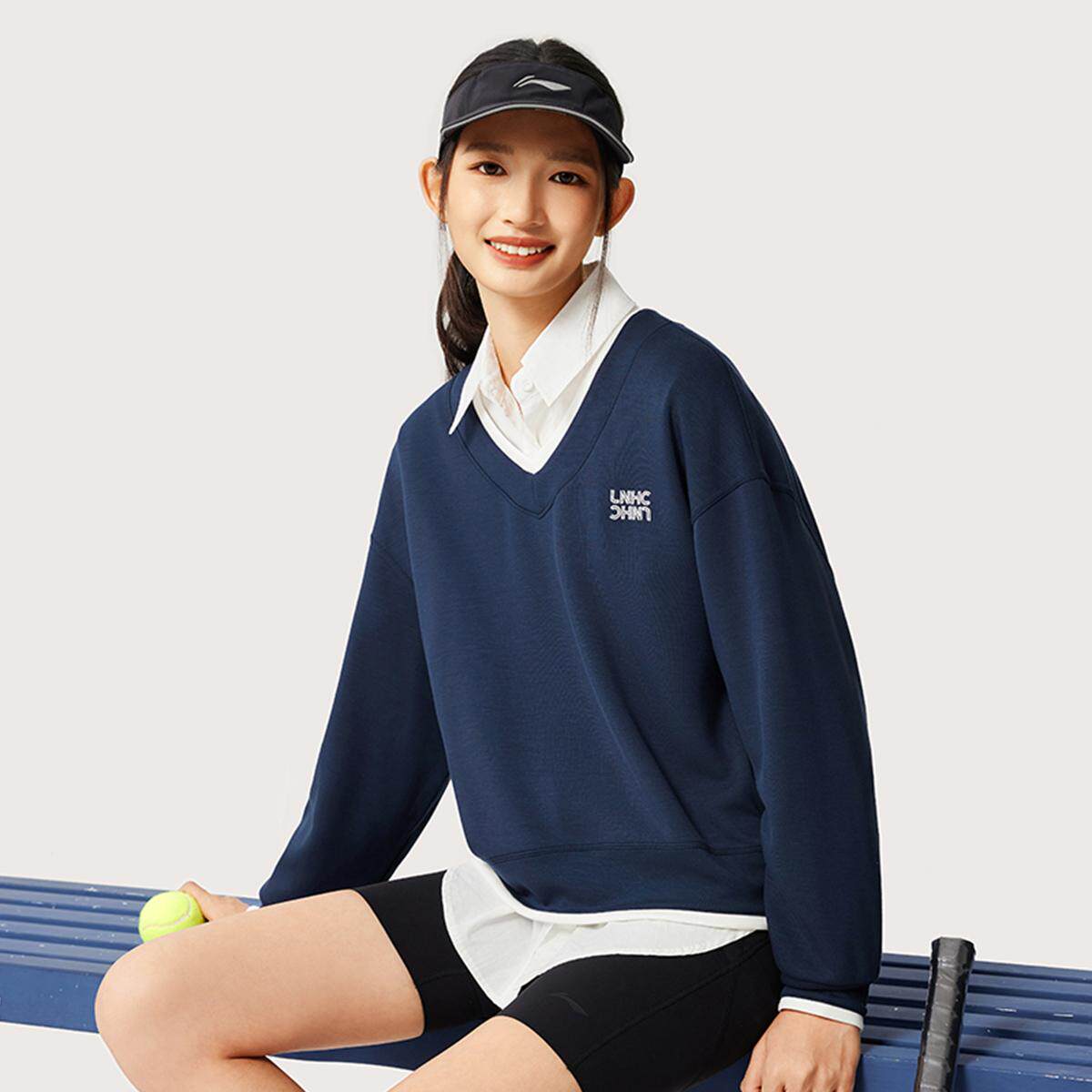李宁卫衣运动时尚系列女子舒适休闲V领宽松短款套头上衣AWDV886