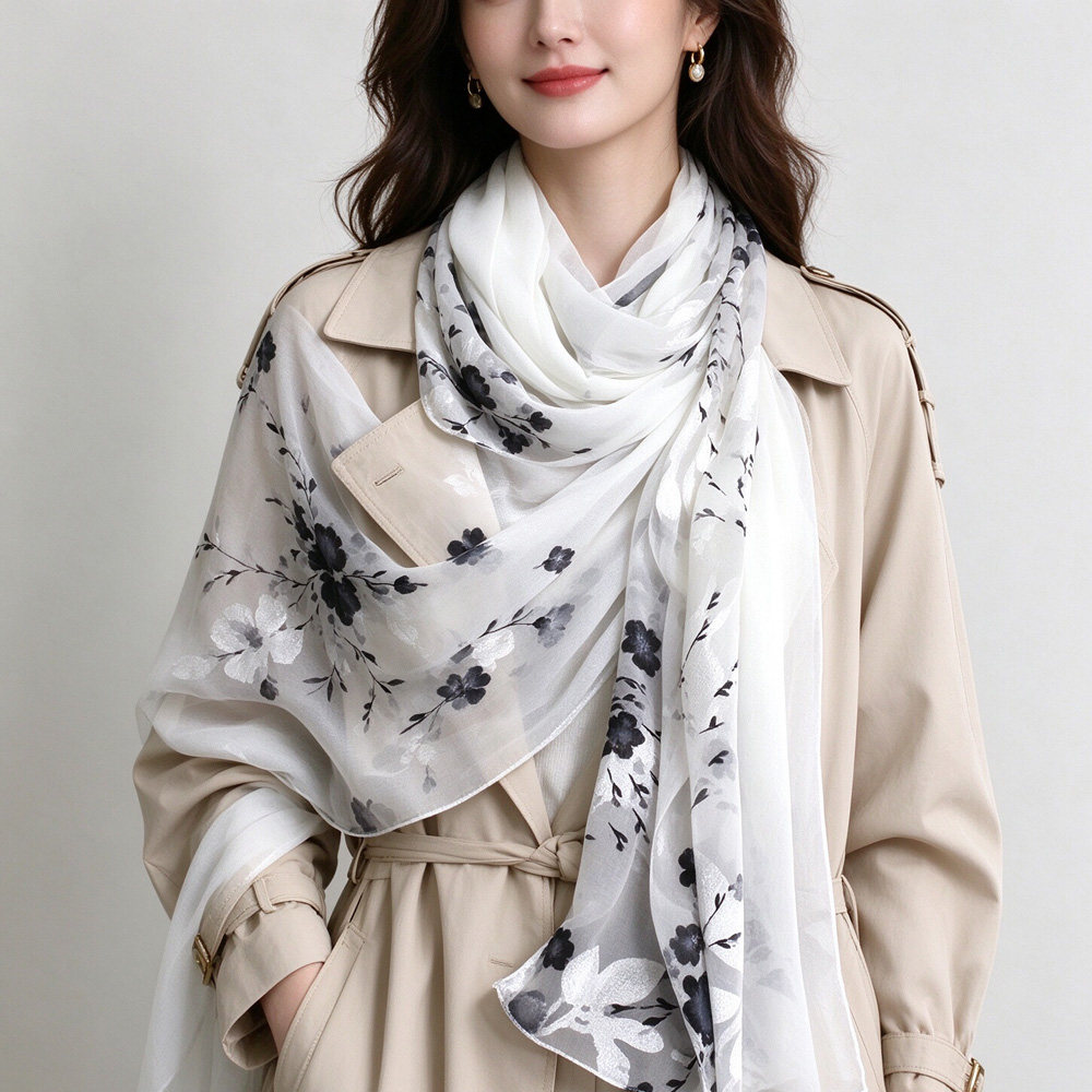 2026秋冬印花方巾女百搭纱巾披肩长丝巾两用围巾拼接丝巾黑白色
