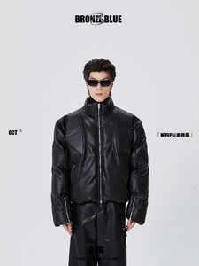 BRONZEBLUE小众解构立体PU皮棉服外套冬季加厚立领设计高级感棉衣