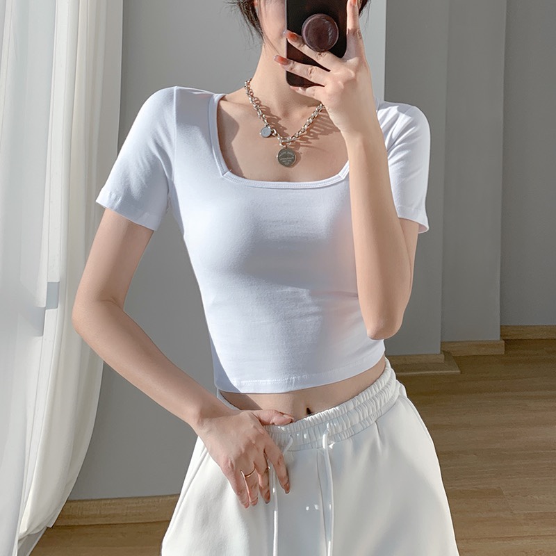 方领露脐短袖T恤女纯棉高腰显瘦白色百搭半袖上衣2023夏季体恤潮