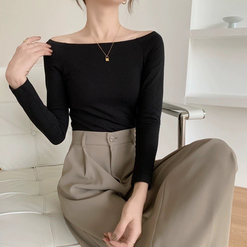 洋气纯棉一字领T恤女长袖2023秋冬季新款修身显瘦秋衣打底衫上衣,女装/女士精品,T恤,淘宝优惠券,粉丝福利购,淘宝优惠卷