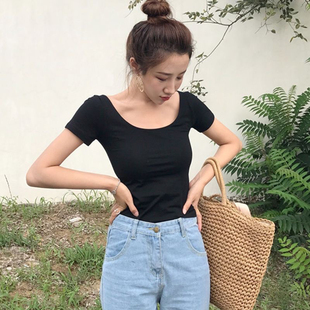 低领短袖T恤女露背大领口低胸上衣修身显瘦黑色U领纯棉紧身打底衫
