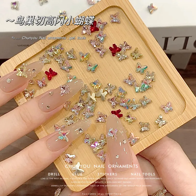 超闪鸟巢切立体蝴蝶美甲K9钻高品质新款尖底混彩蝴蝶美甲饰品5mm