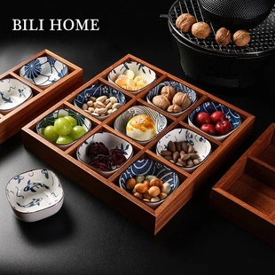 九宫格木制品干果盘新款中式盘子果盘户外陶瓷围炉煮茶托盘碟套装