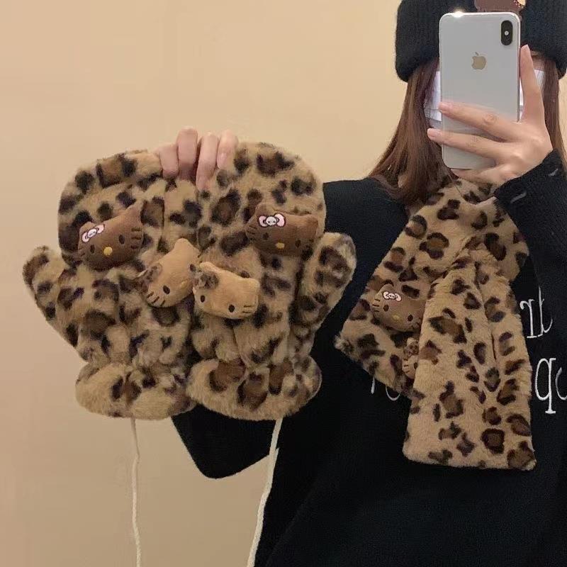 手套针织加厚保暖保温黑皮kt围巾手套防冻防寒学生户外骑行玩雪
