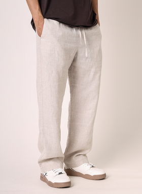 实年服工SK242夏季100%亚麻老钱风直筒长裤宽松透气通勤休闲裤男