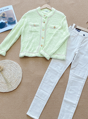 韩国东大门2026春季新款时尚百搭高腰显瘦喇叭牛仔裤毛绒针织开衫