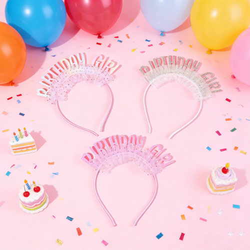小红书新款Birthday girl闪粉网纱发箍 女神生日聚会氛围头饰头箍