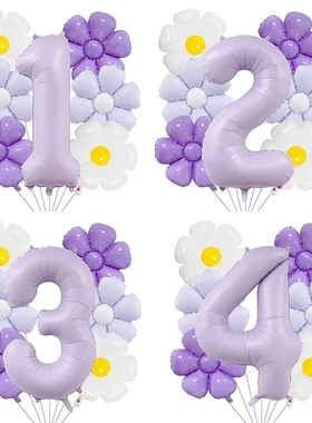 小红书奶油紫色数字太阳花气球儿童生日派对装饰场景布置女孩礼物