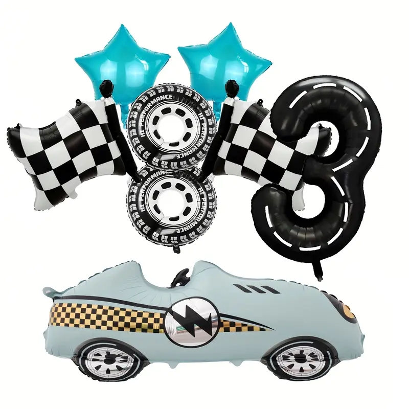 3D立体赛车主题车轮格子旗数字气球男孩生日派对装饰布置拍照礼物