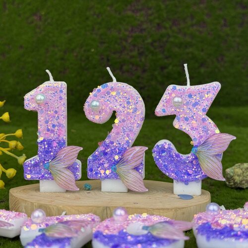 卡通粉紫渐变美人鱼尾数字儿童生日蜡烛蛋糕派对装饰周岁女孩道具