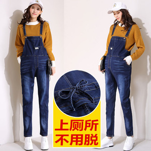 孕妇牛仔裤背带裤春秋款大码孕妇裤宽松吊带裤后开拉链秋季长裤子