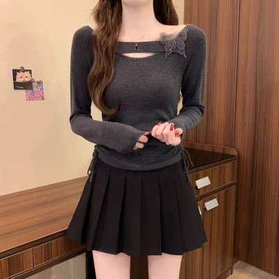 灰色蝴蝶针织打底衫女秋冬外穿搭爵士舞独特漂亮miu里miu长袖上衣