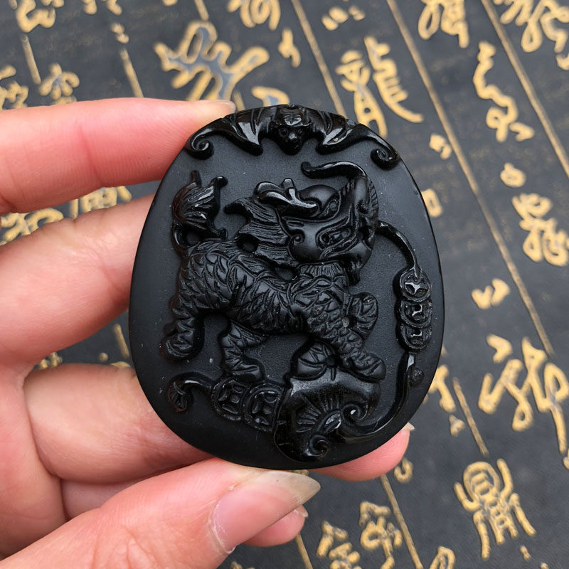 天然黑曜石招财项链吊坠送证书
