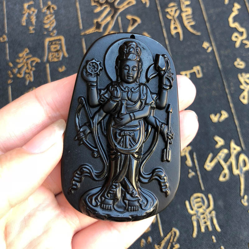 时来运转天然黑曜石站观音吊坠