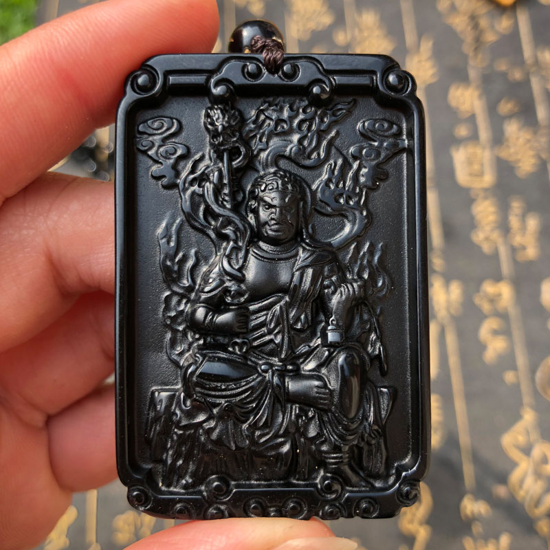 佛牌天然黑曜石守护神证书吊坠