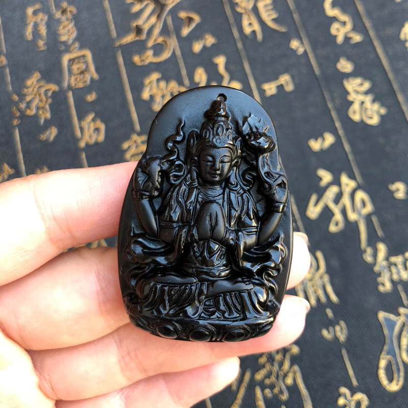 斗姆项链天然黑曜石四臂观音