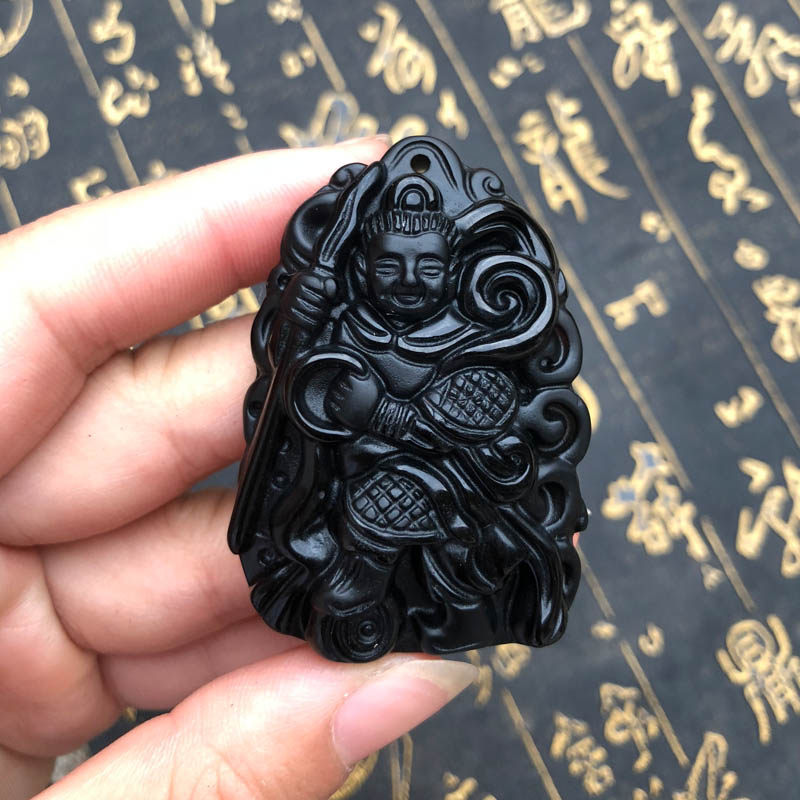 天然黑曜石哪吒三太子吊坠神通广大小童子项链送证书