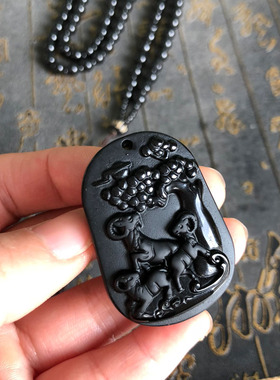 三羊开泰吊坠黑曜石项链羊牌挂件生肖羊车挂手把件男女款送证书