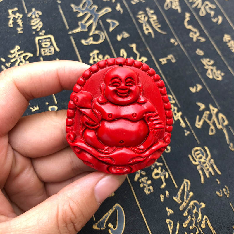 帝王红花边如意弥勒佛车挂台湾原色朱砂佛公玉佩转运项链证书