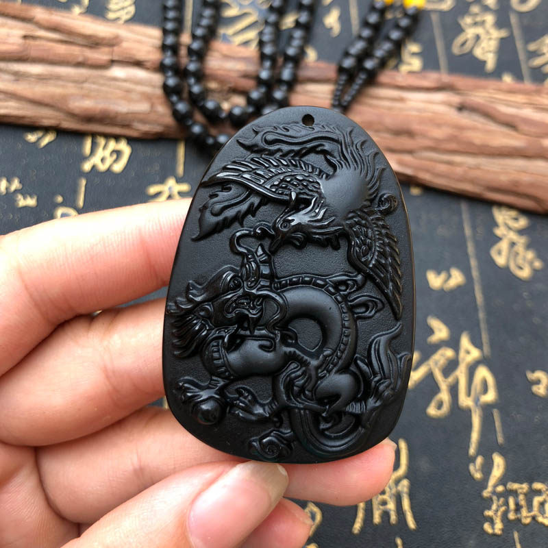 天然黑曜石玉佩项链龙凤牌送证书