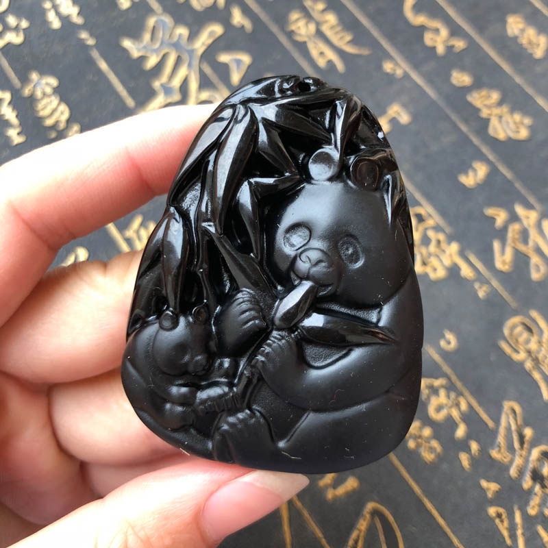 中国大熊猫吊坠天然黑曜石国宝熊猫挂件男女卧龙大熊猫项链送证书